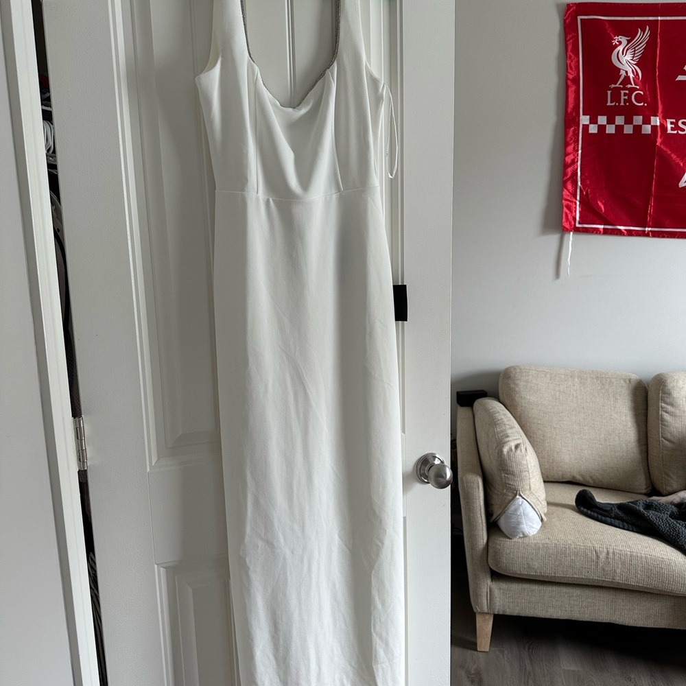 Lulu’s square neck white maxi dress with crystal lining
